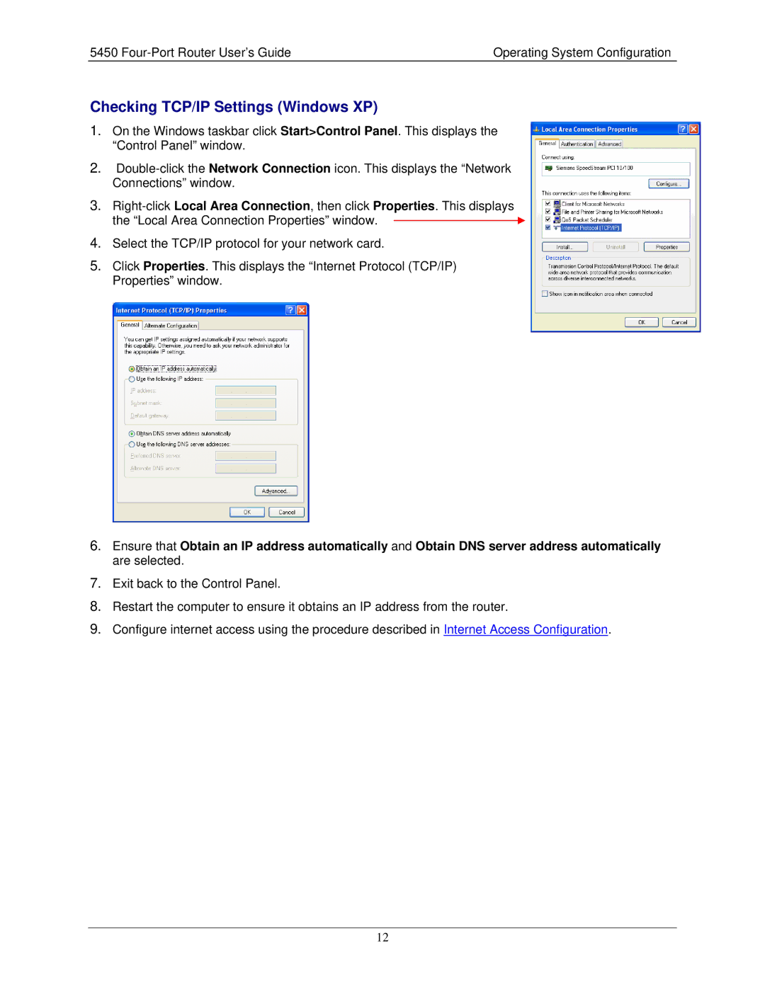 Siemens 5450 manual Checking TCP/IP Settings Windows XP 