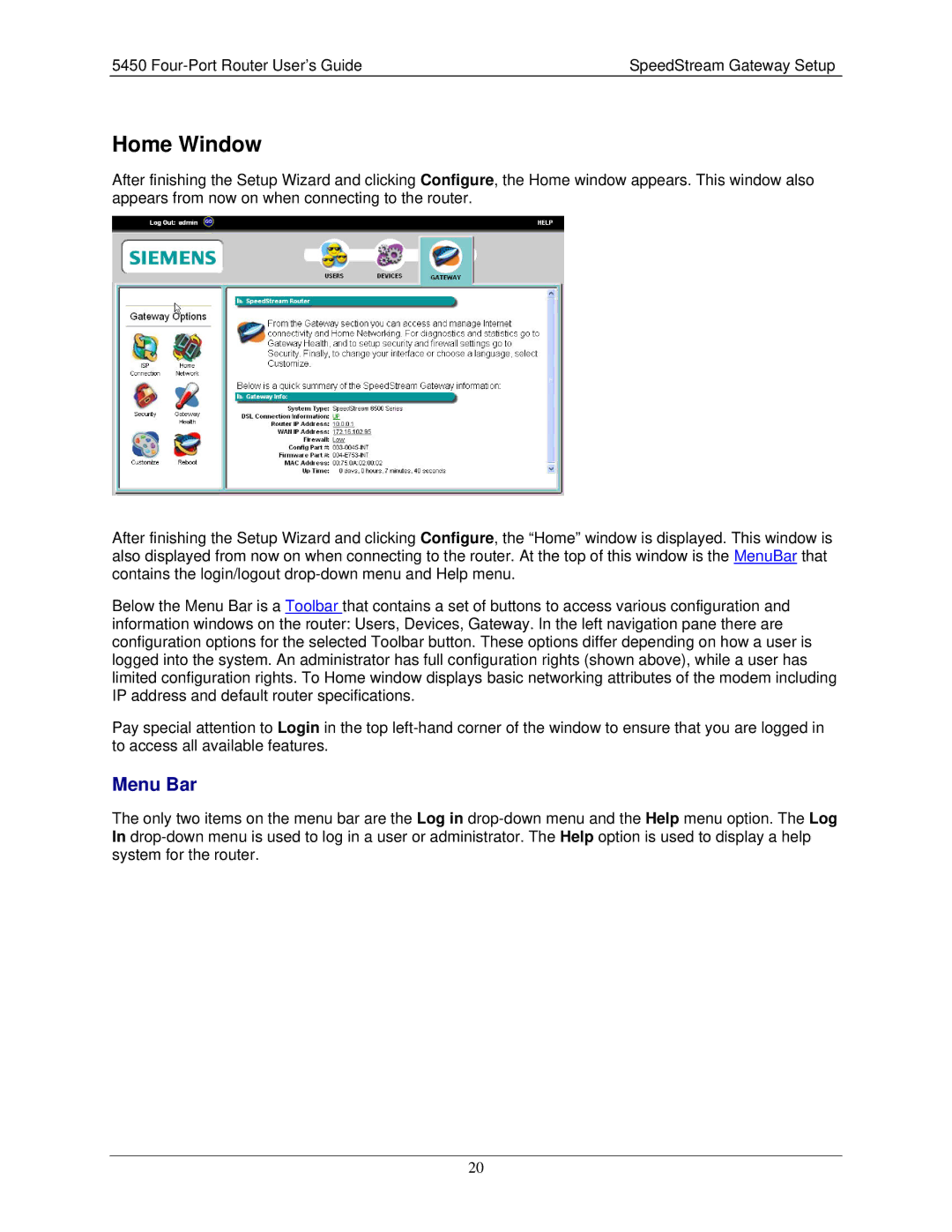 Siemens 5450 manual Home Window, Menu Bar 