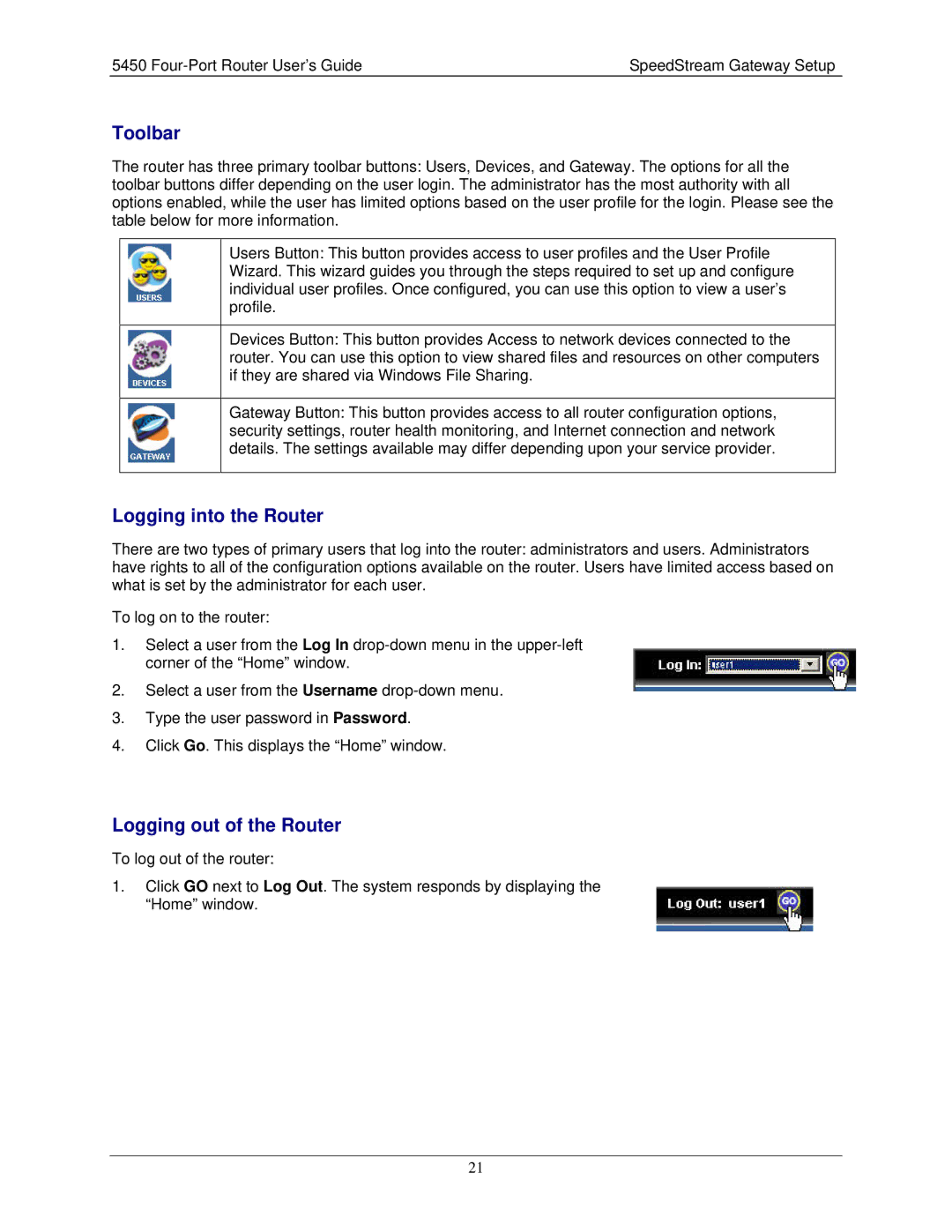 Siemens 5450 manual Toolbar, Logging into the Router, Logging out of the Router 