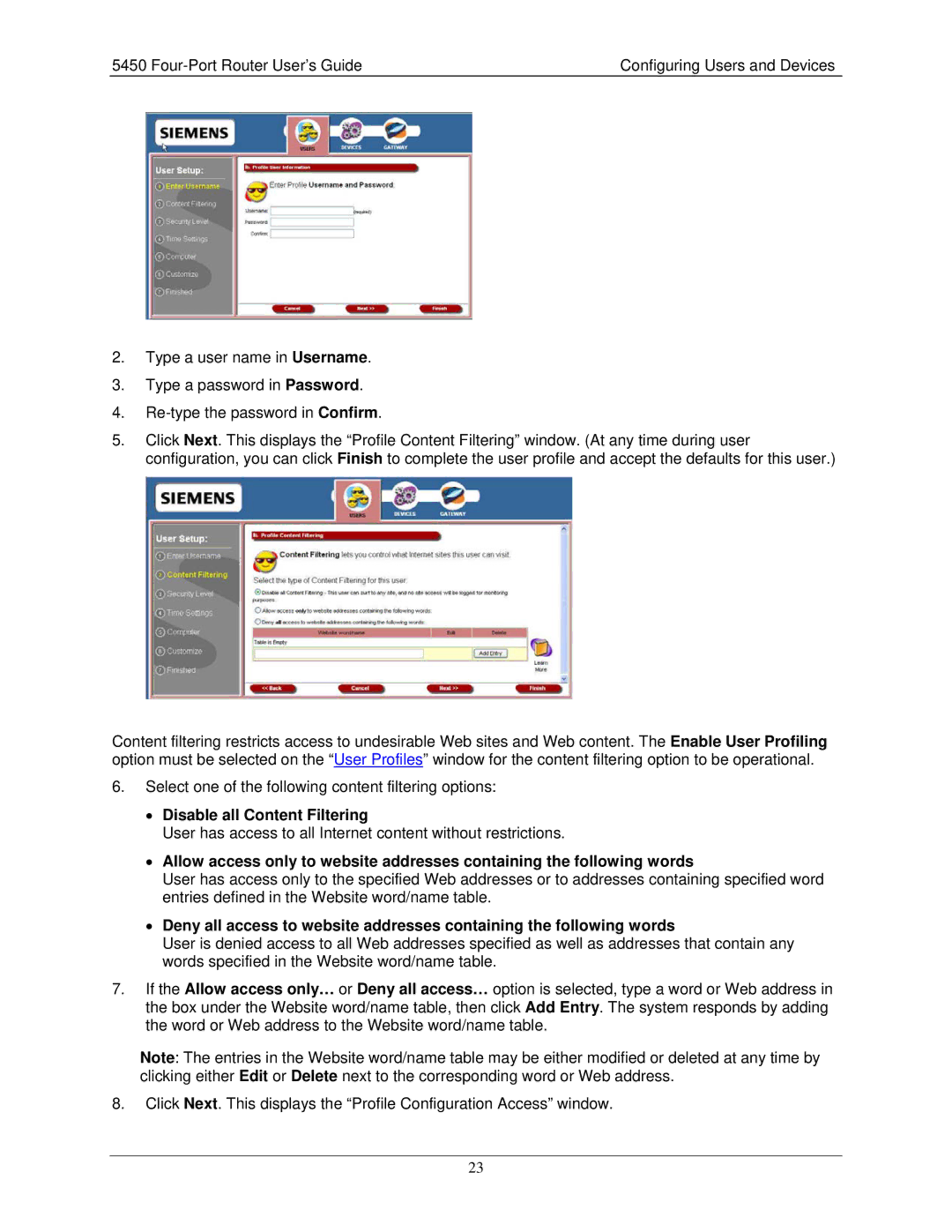 Siemens 5450 manual Disable all Content Filtering 