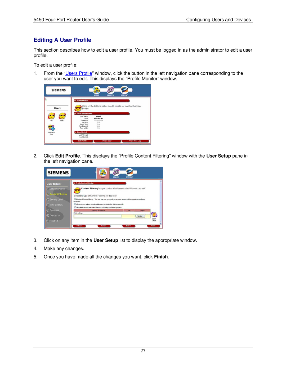 Siemens 5450 manual Editing a User Profile 