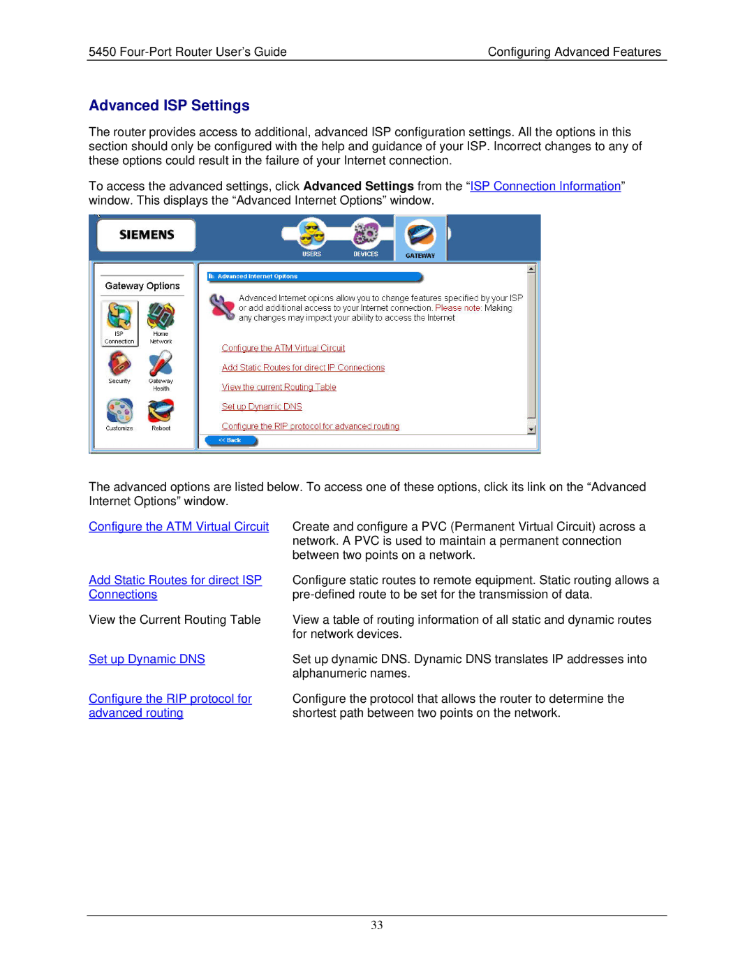 Siemens 5450 manual Advanced ISP Settings, Configure the ATM Virtual Circuit 