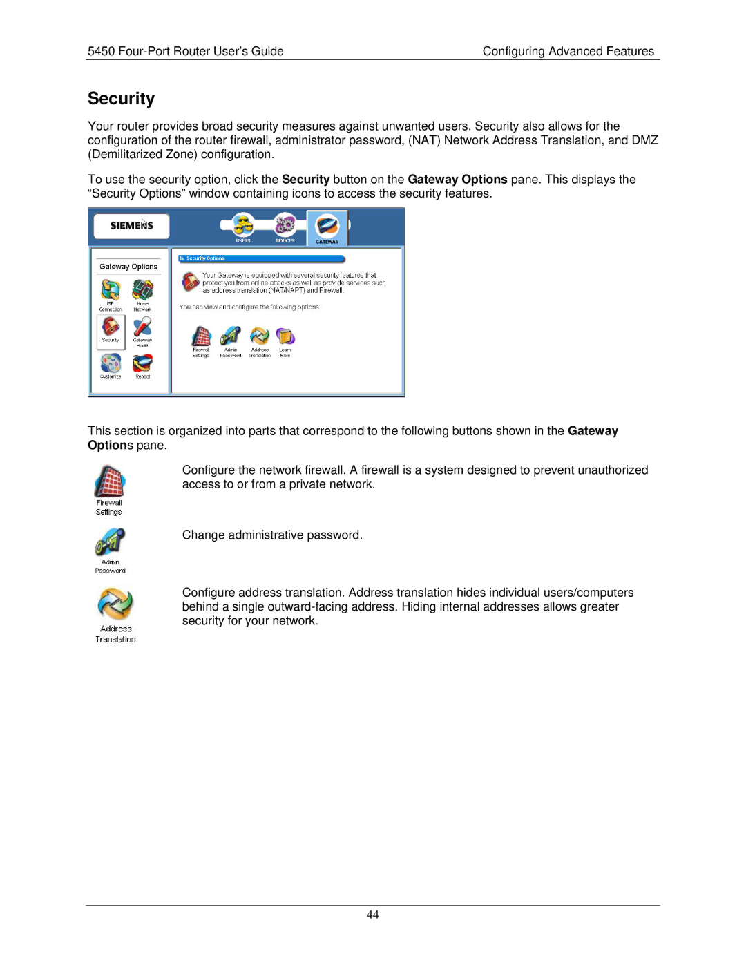 Siemens 5450 manual Security 