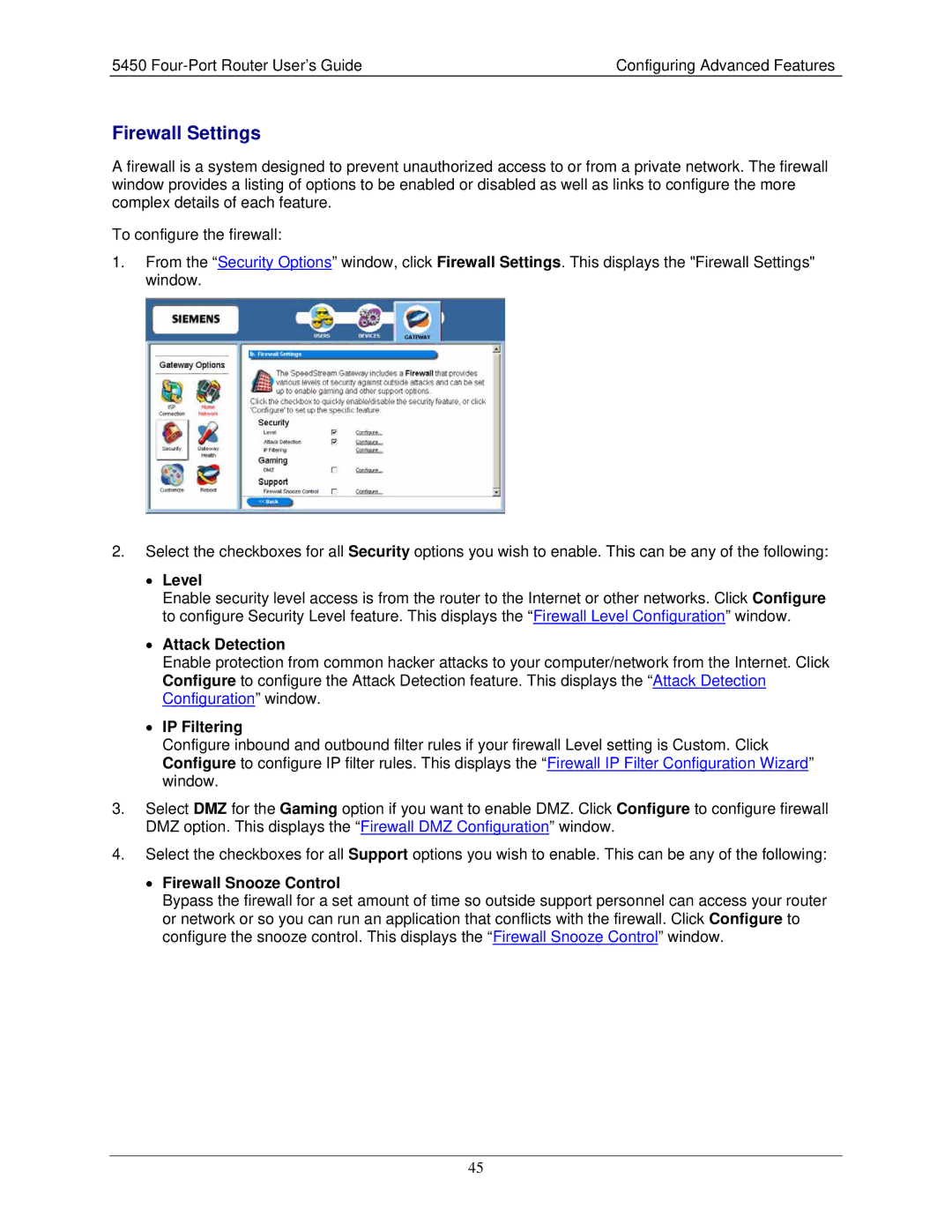 Siemens 5450 manual Firewall Settings, Level, Attack Detection, IP Filtering, Firewall Snooze Control 