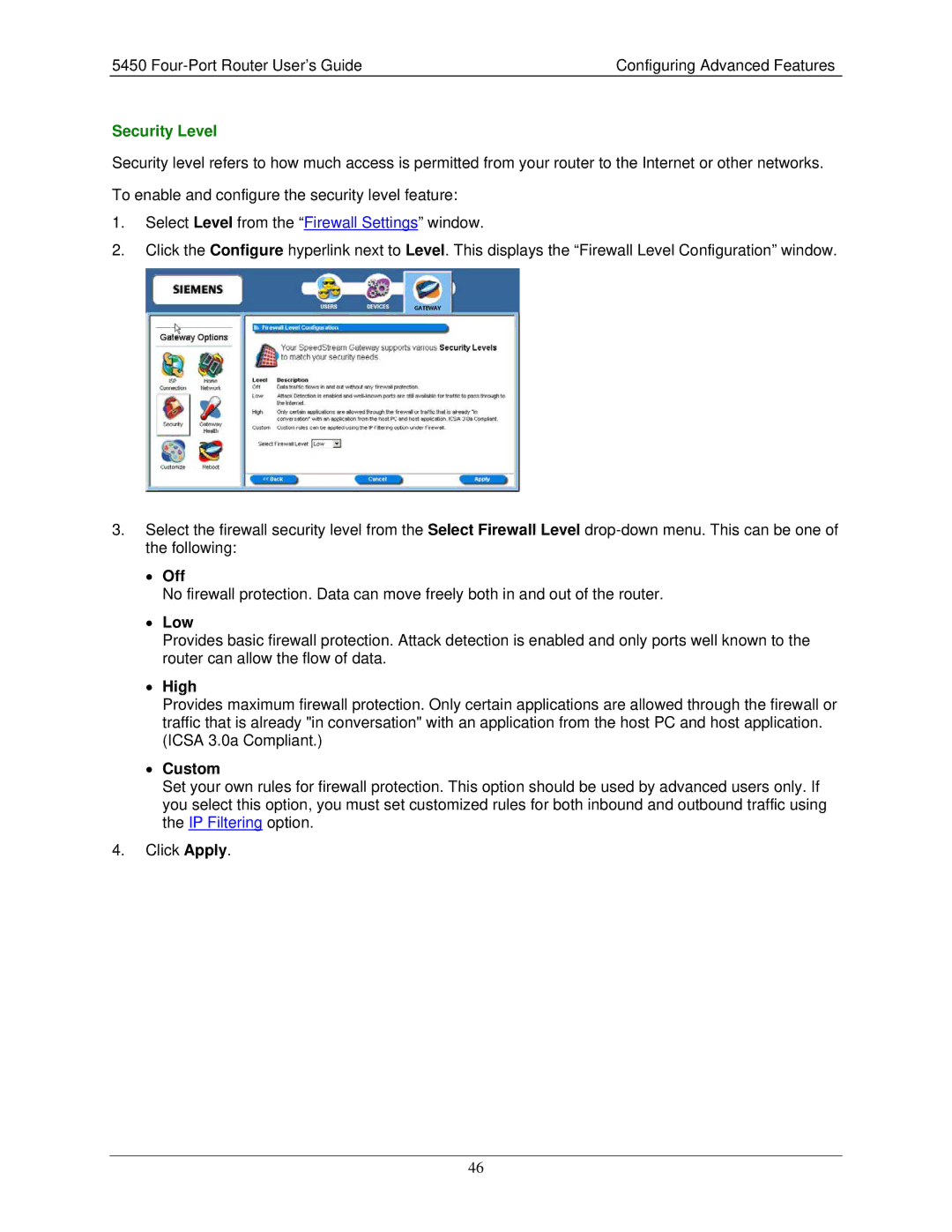 Siemens 5450 manual Security Level, Low, High, Custom 