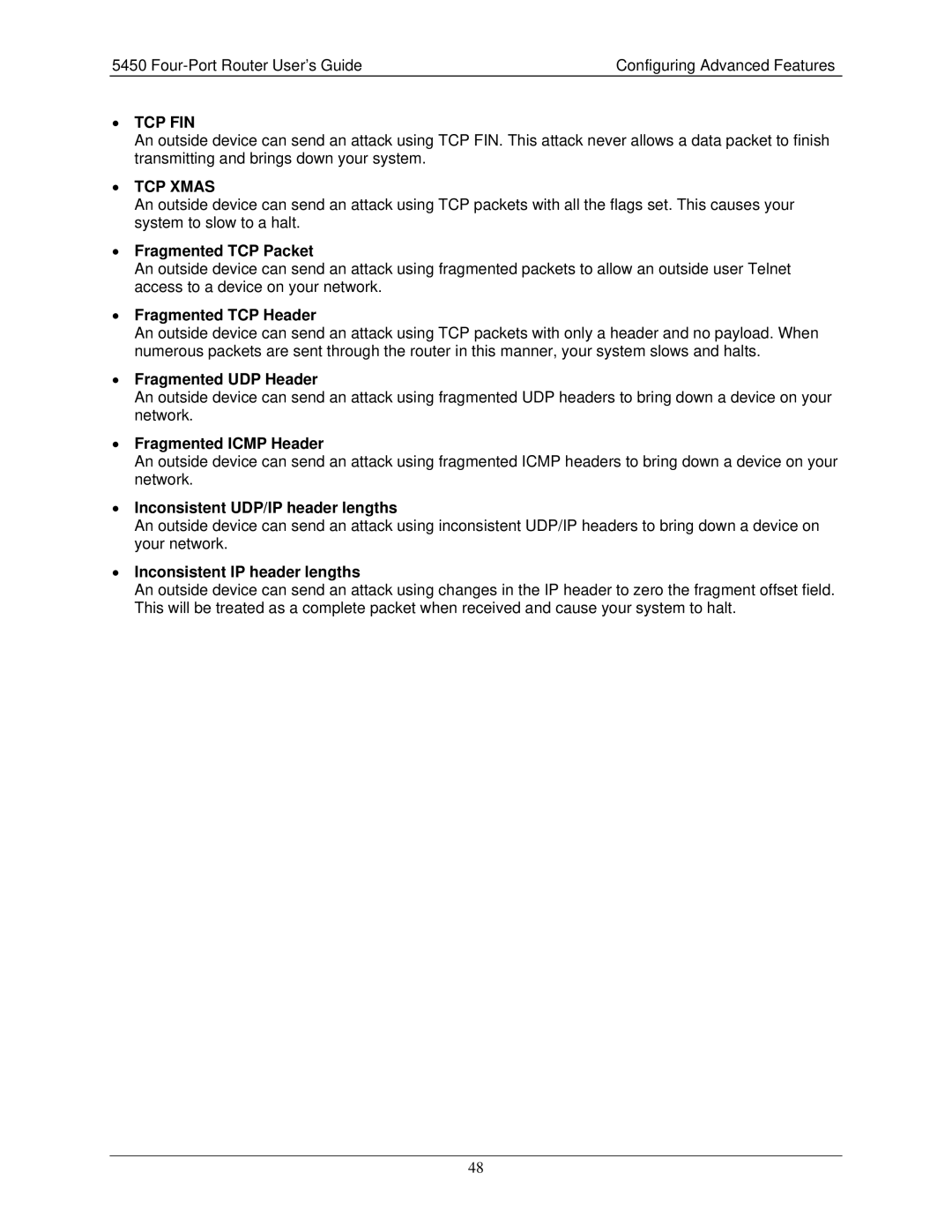 Siemens 5450 manual Fragmented TCP Packet, Fragmented TCP Header, Fragmented UDP Header, Fragmented Icmp Header 