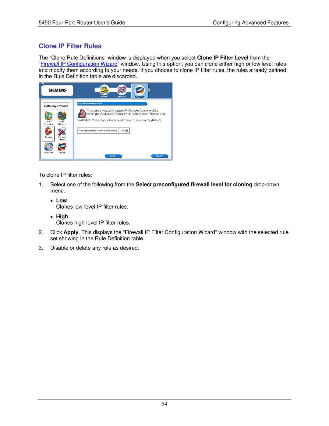 Siemens 5450 manual Clone IP Filter Rules 