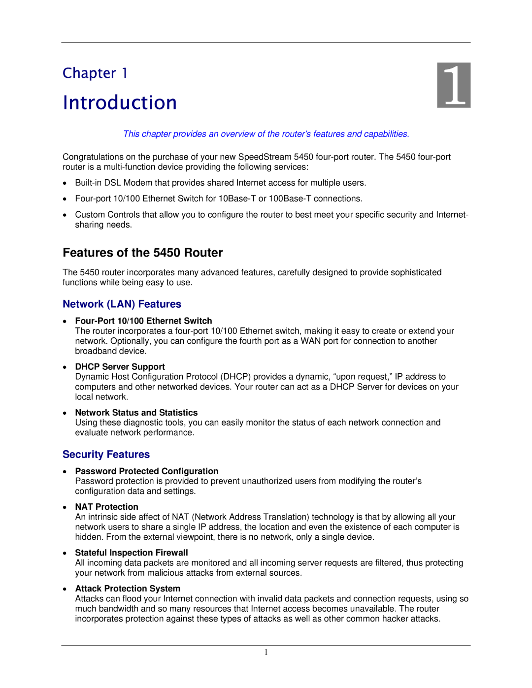 Siemens manual Introduction, Features of the 5450 Router, Network LAN Features, Security Features 