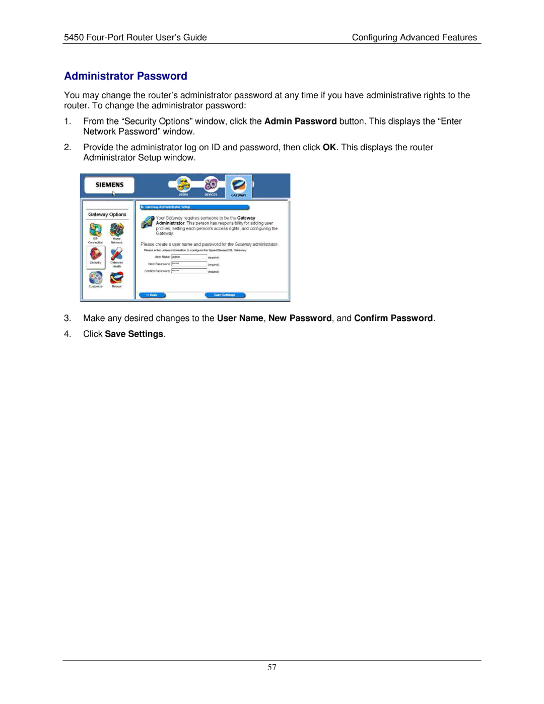 Siemens 5450 manual Administrator Password, Click Save Settings 