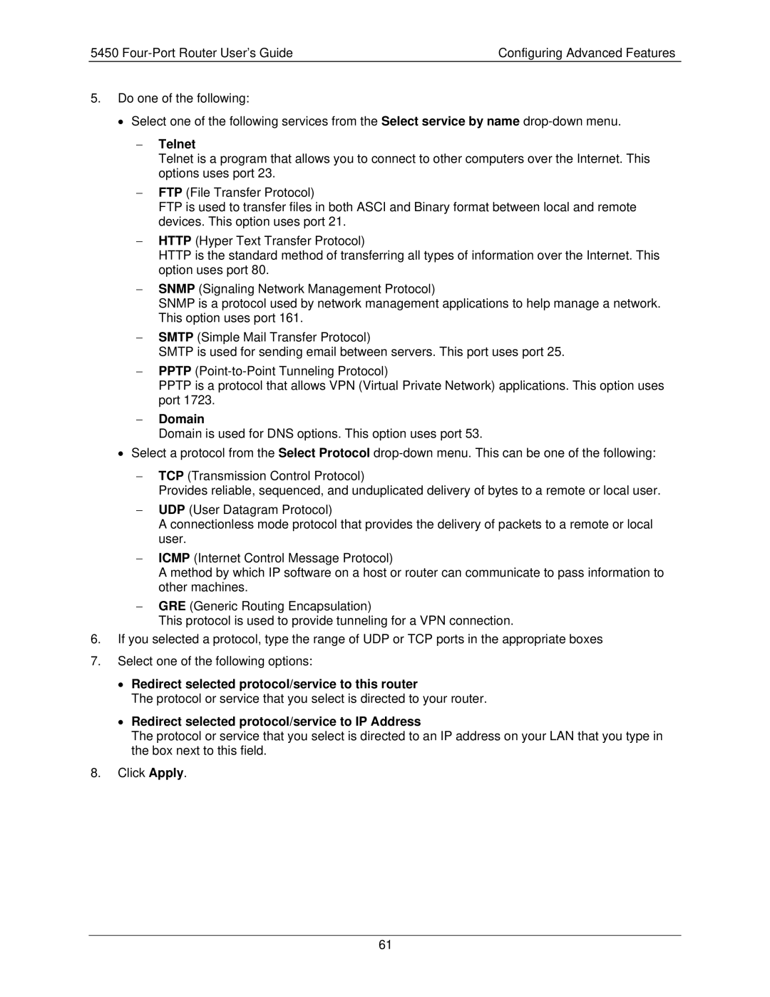 Siemens 5450 manual Telnet, Domain, Redirect selected protocol/service to this router 