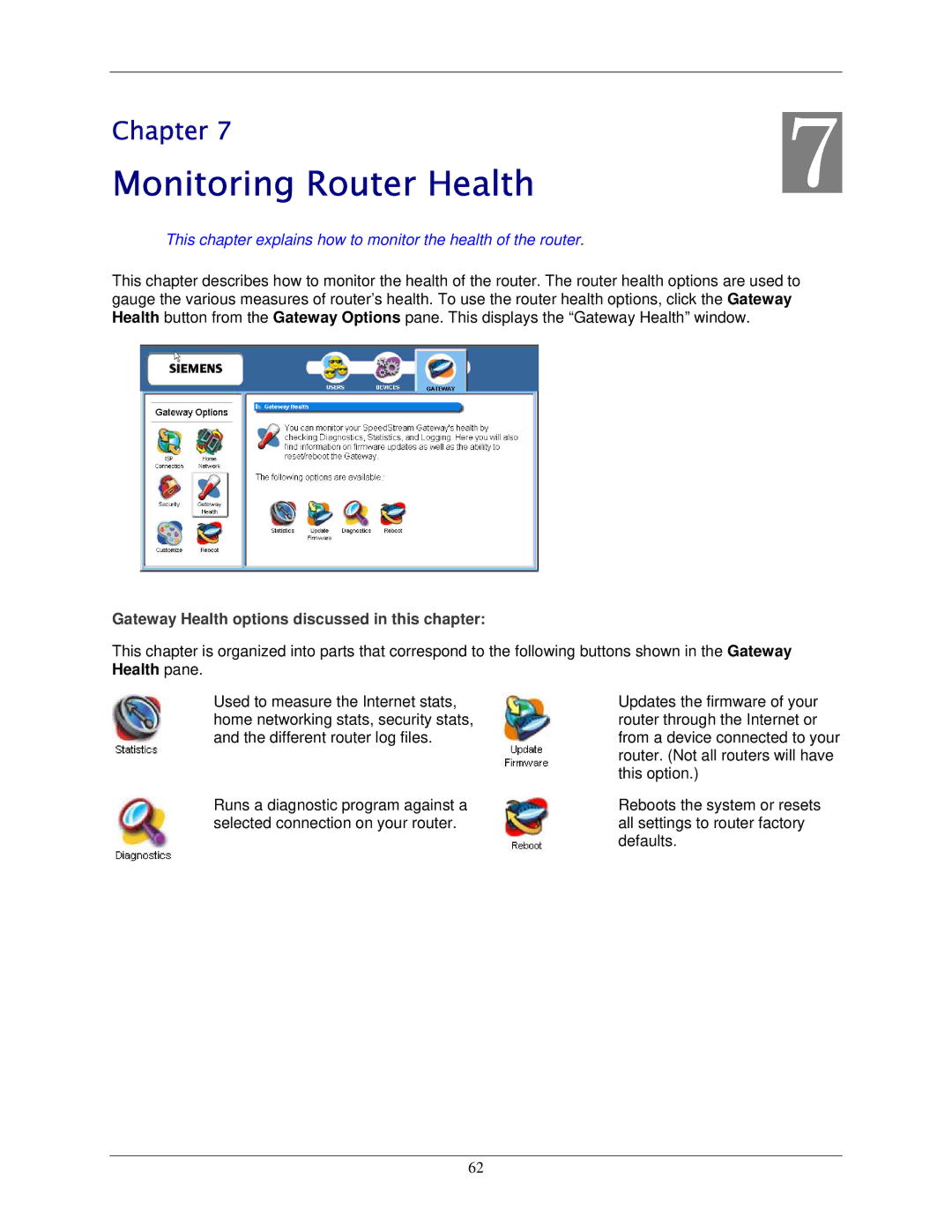 Siemens 5450 manual Monitoring Router Health, Gateway Health options discussed in this chapter 