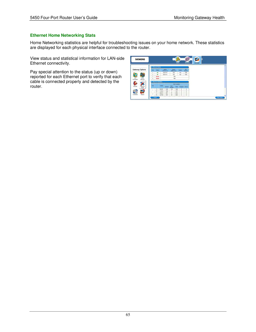 Siemens 5450 manual Ethernet Home Networking Stats 