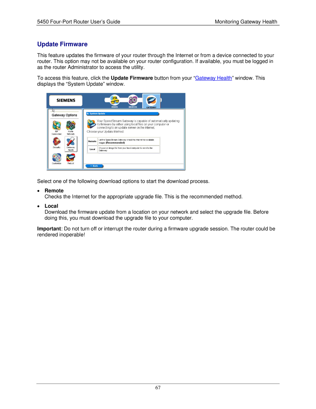 Siemens 5450 manual Update Firmware, Remote, Local 