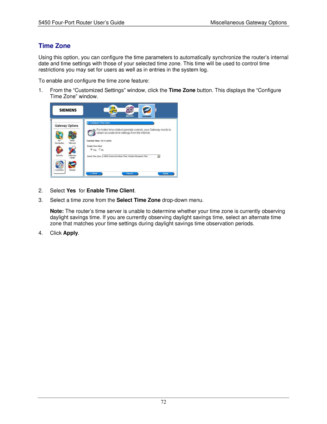 Siemens 5450 manual Time Zone, Select Yes for Enable Time Client 