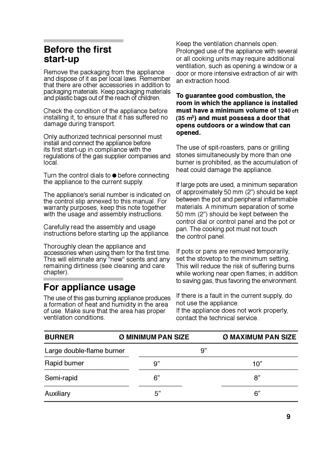 Siemens 5551 manual Before the first start-up, For appliance usage, Burner Minimum PAN Size Maximum PAN Size 