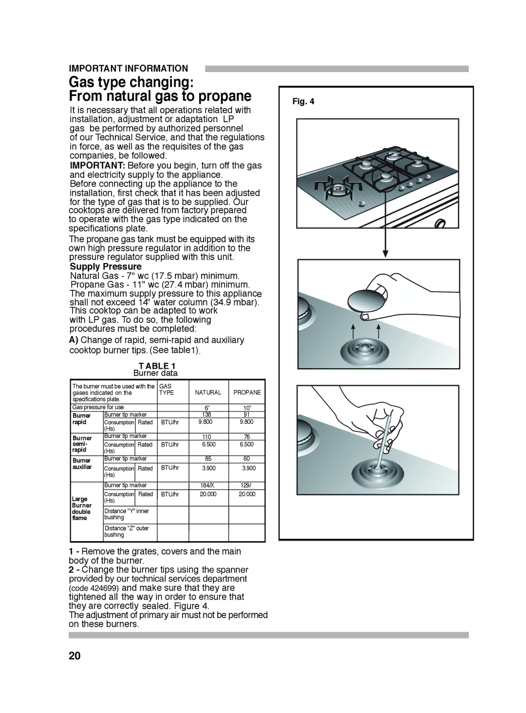 Siemens 5551 manual Gas type changing From natural gas to propane, Supply Pressure 