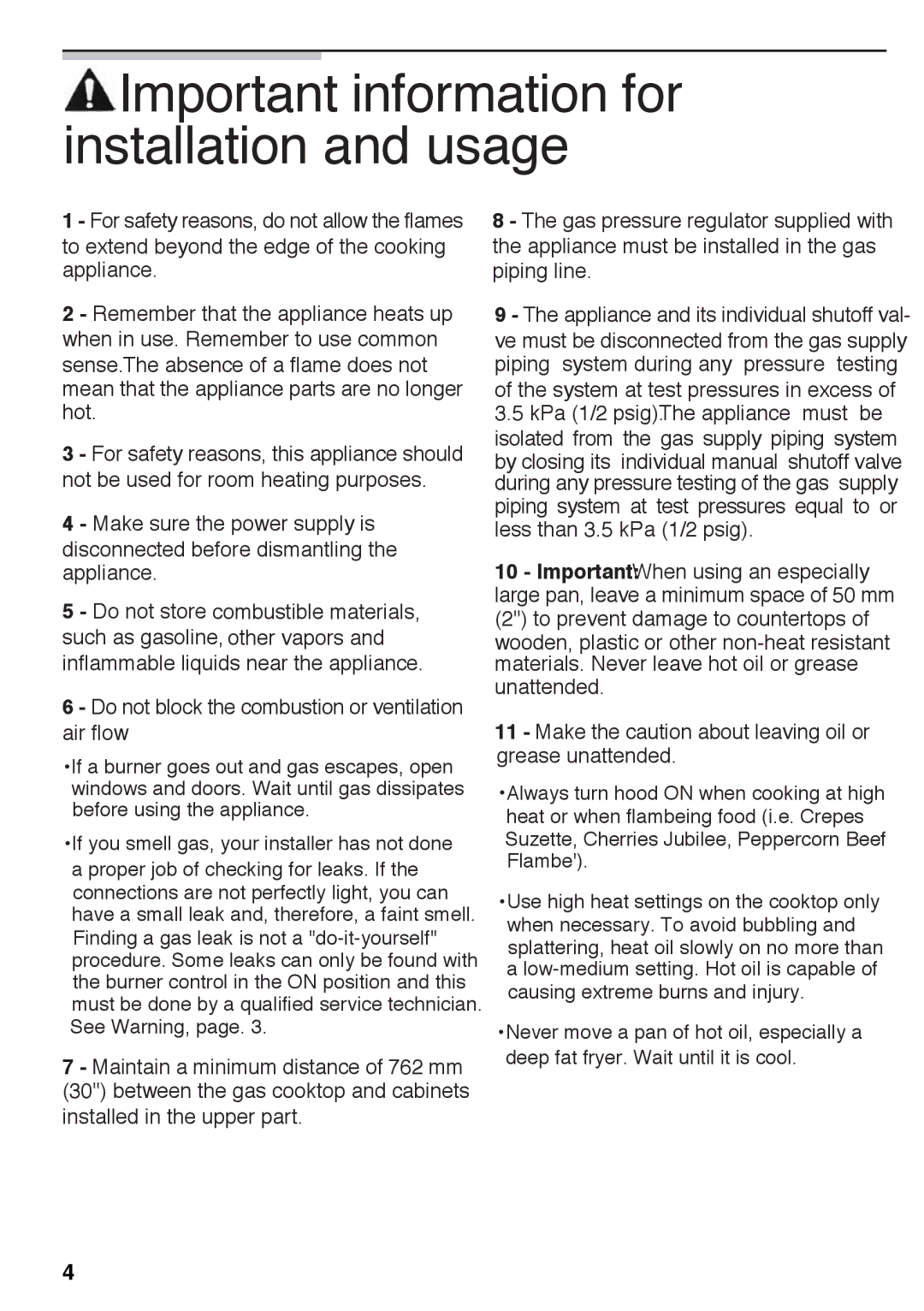 Siemens 5551 manual Important information for installation and usage, Do not block the combustion or ventilation air flow 