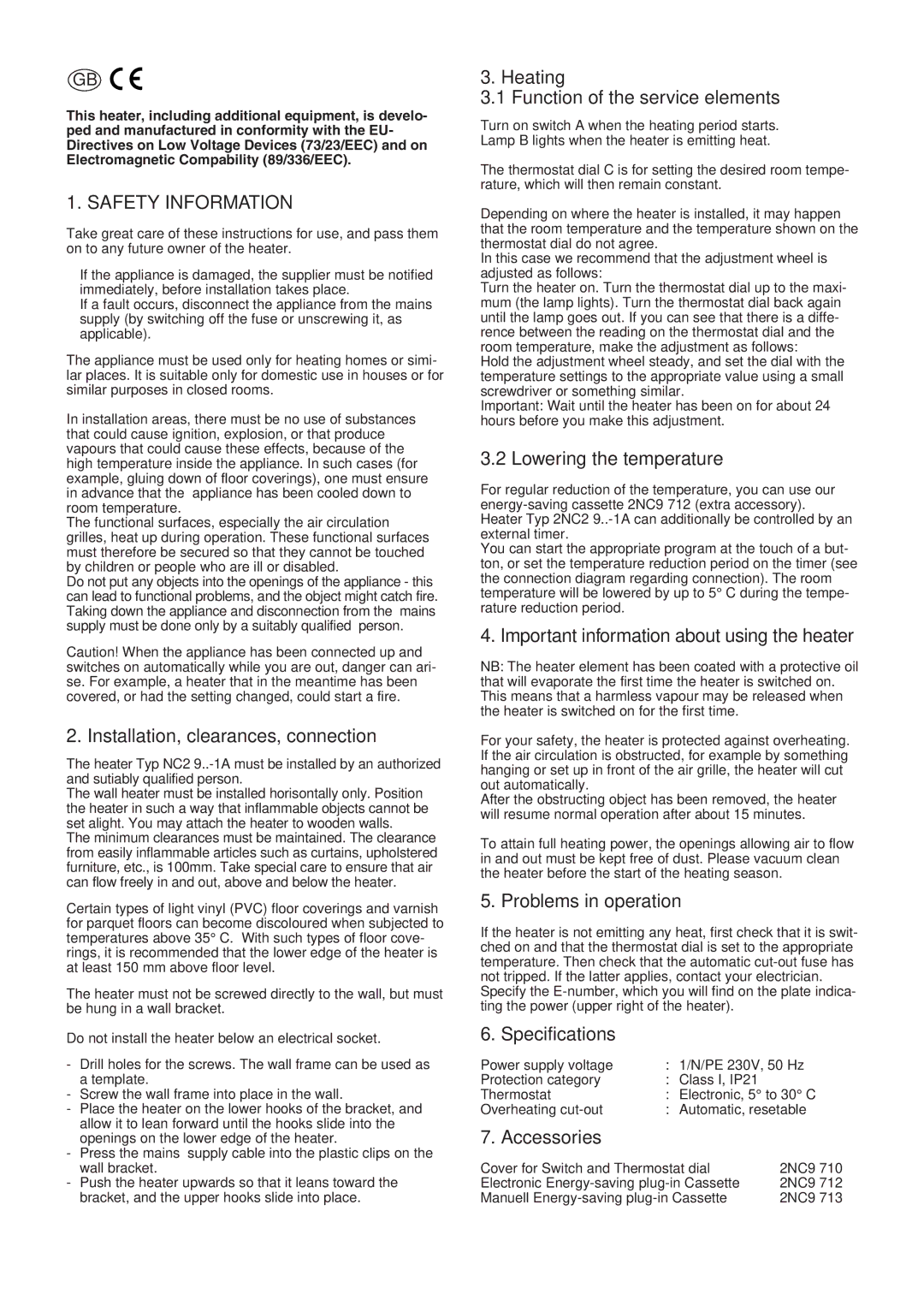 Siemens 576.056A Installation, clearances, connection, Heating Function of the service elements, Lowering the temperature 