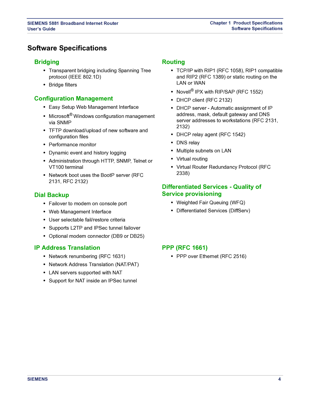 Siemens 5881 manual Software Specifications 