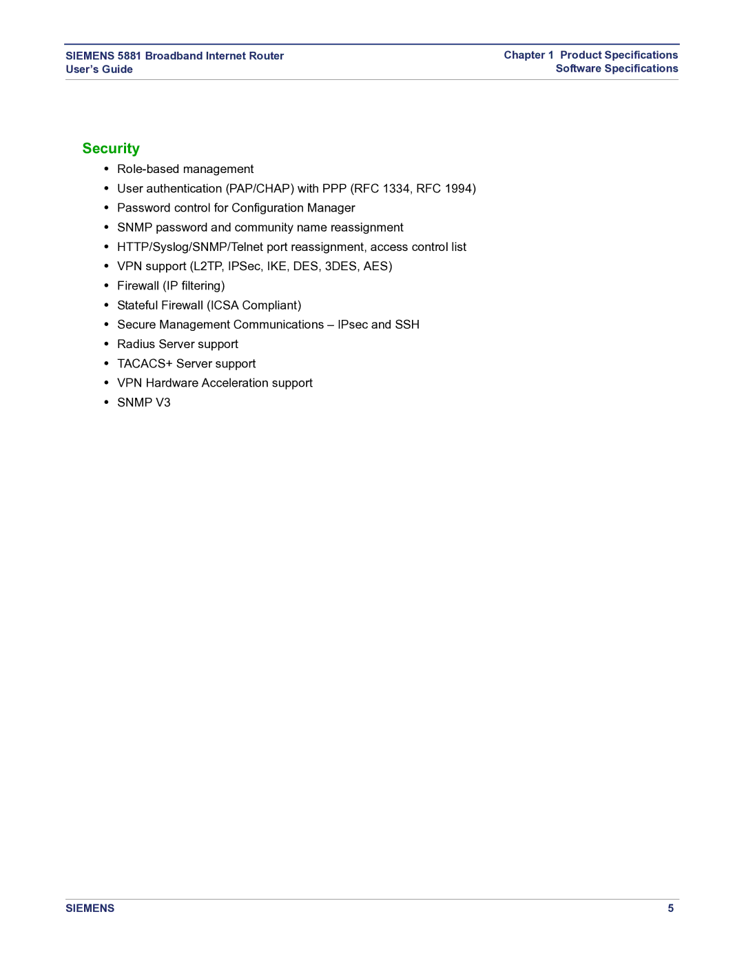 Siemens 5881 manual Security 