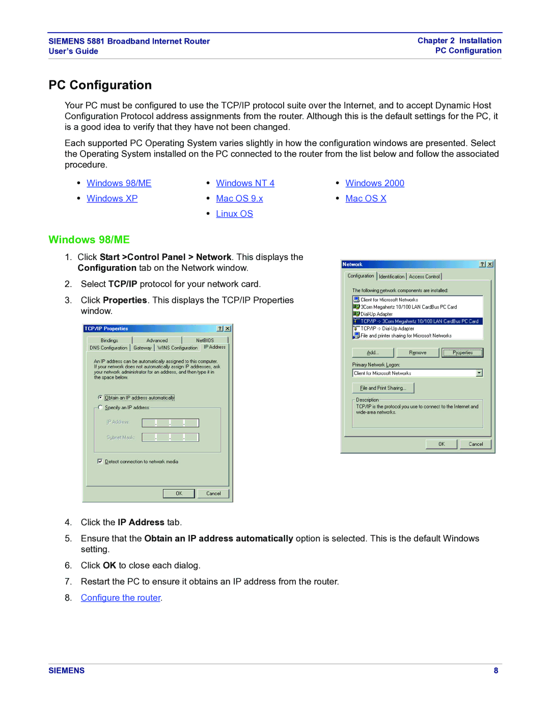 Siemens 5881 manual PC Configuration, Windows 98/ME 