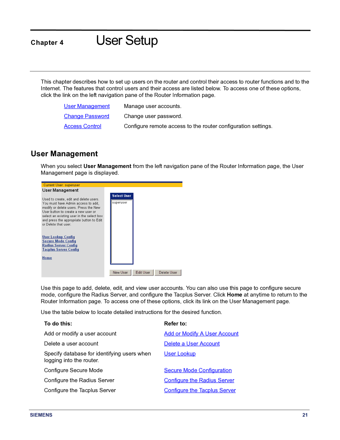 Siemens 5881 manual User Setup, User Management 