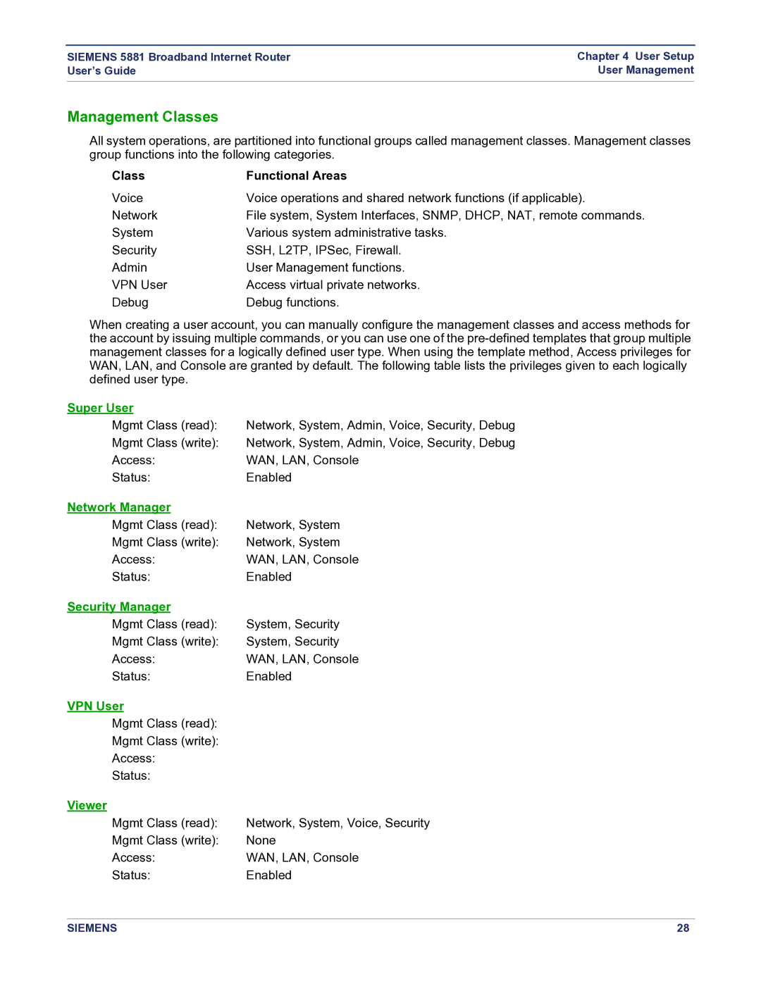 Siemens 5881 manual Management Classes, Class Functional Areas 