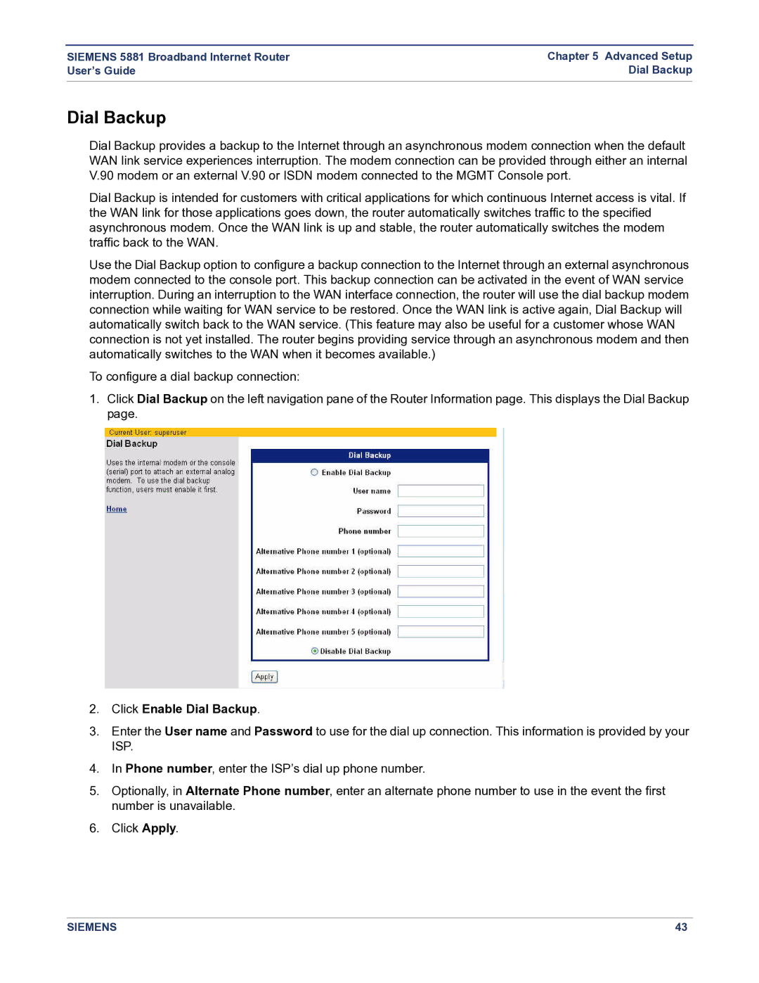 Siemens 5881 manual Click Enable Dial Backup 