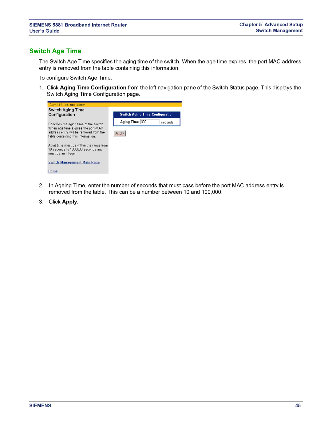 Siemens 5881 manual Switch Age Time 