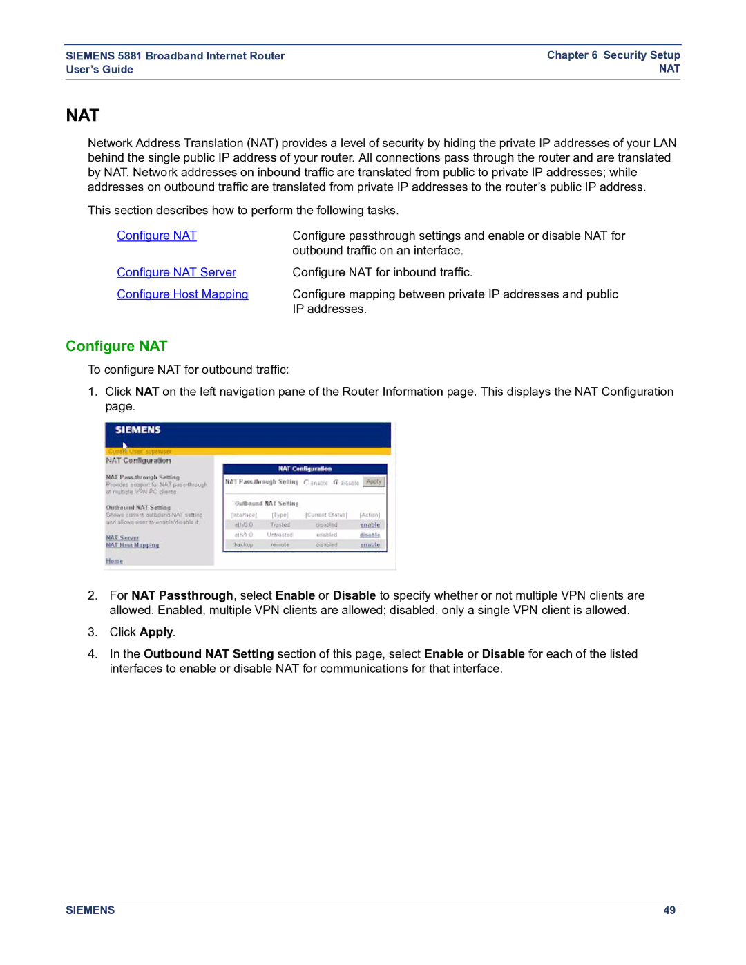 Siemens 5881 manual Nat, Configure NAT 