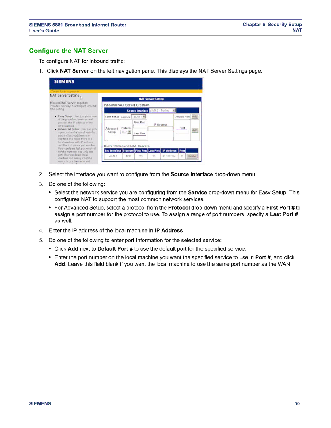 Siemens 5881 manual Configure the NAT Server 