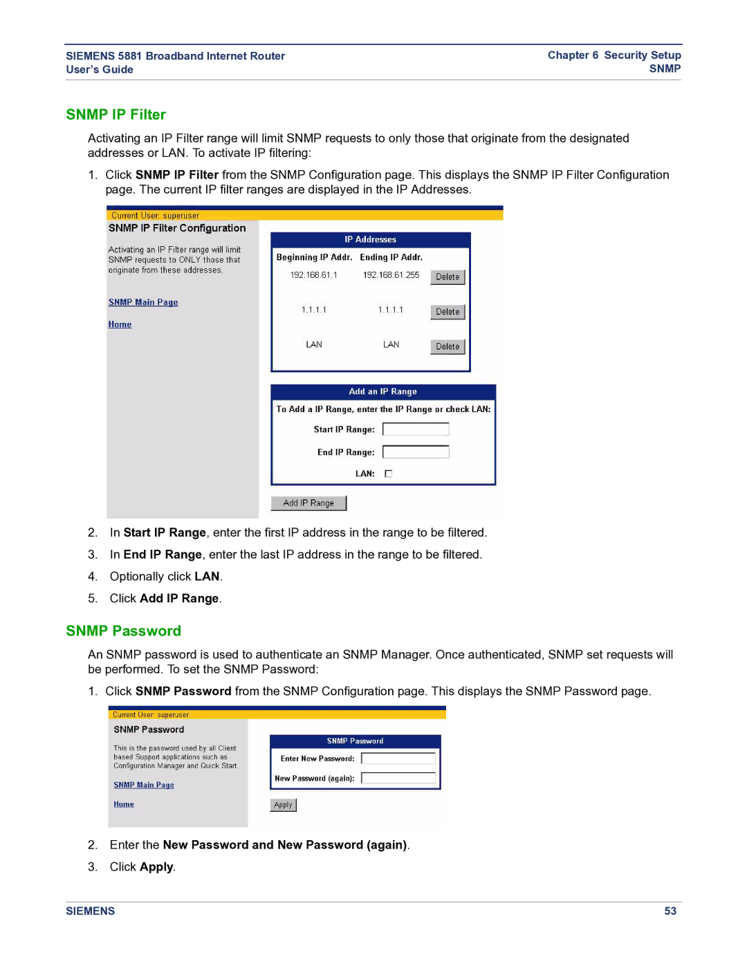 Siemens 5881 manual Snmp IP Filter, Snmp Password, Click Add IP Range, Enter the New Password and New Password again 