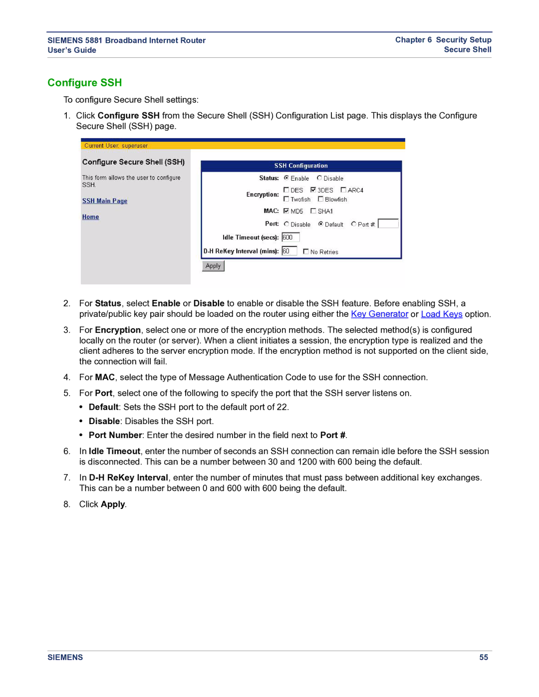 Siemens 5881 manual Configure SSH 