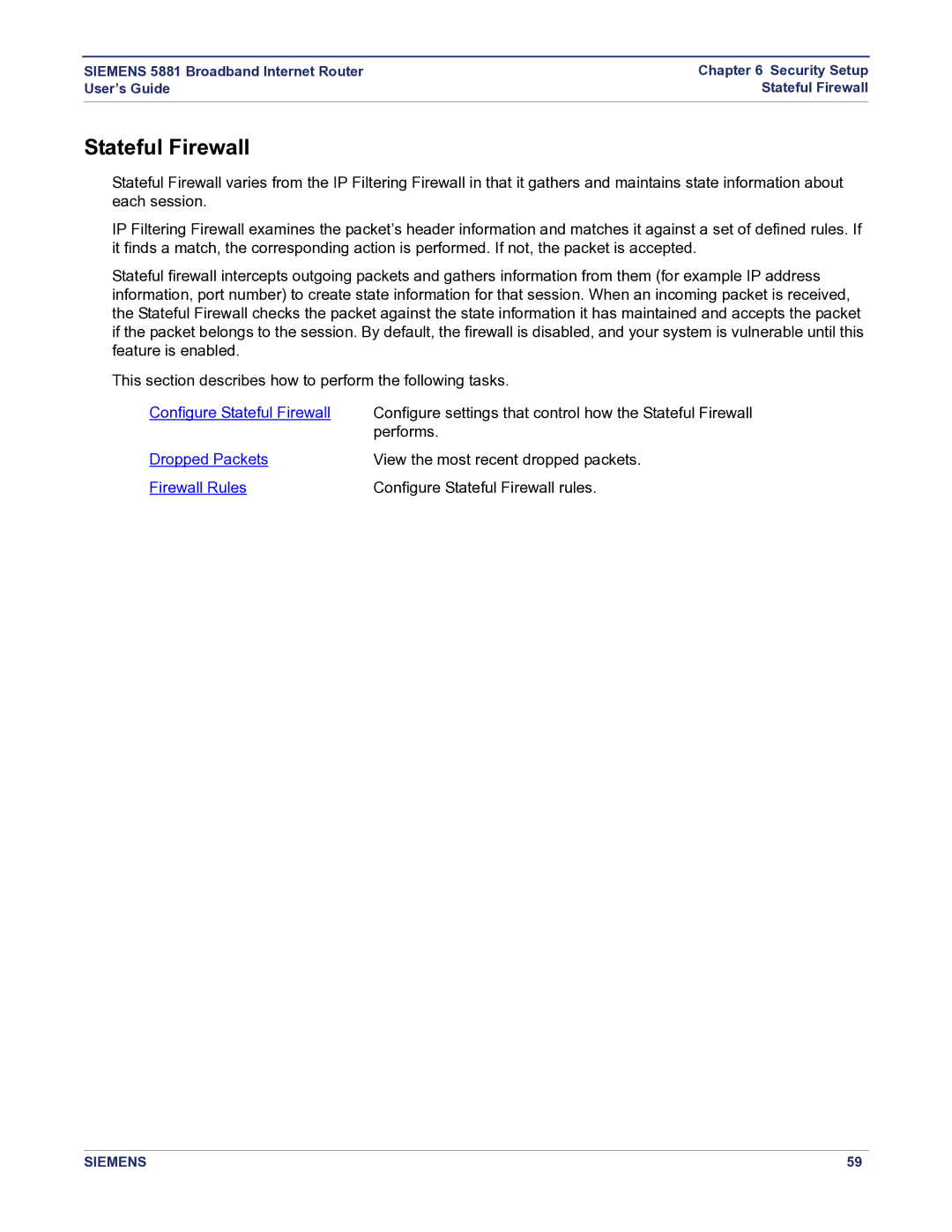 Siemens 5881 manual Stateful Firewall, Firewall Rules 