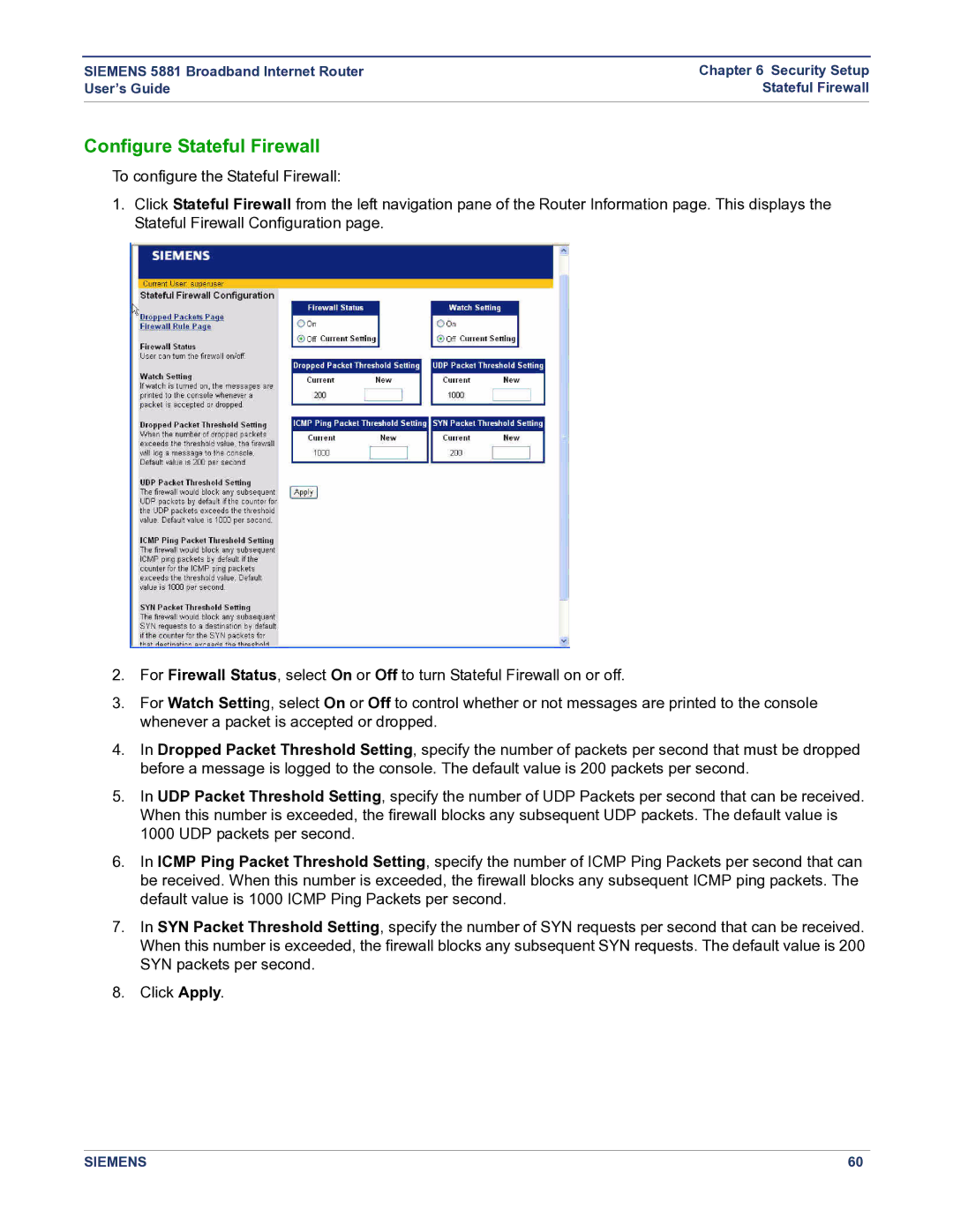 Siemens 5881 manual Configure Stateful Firewall 