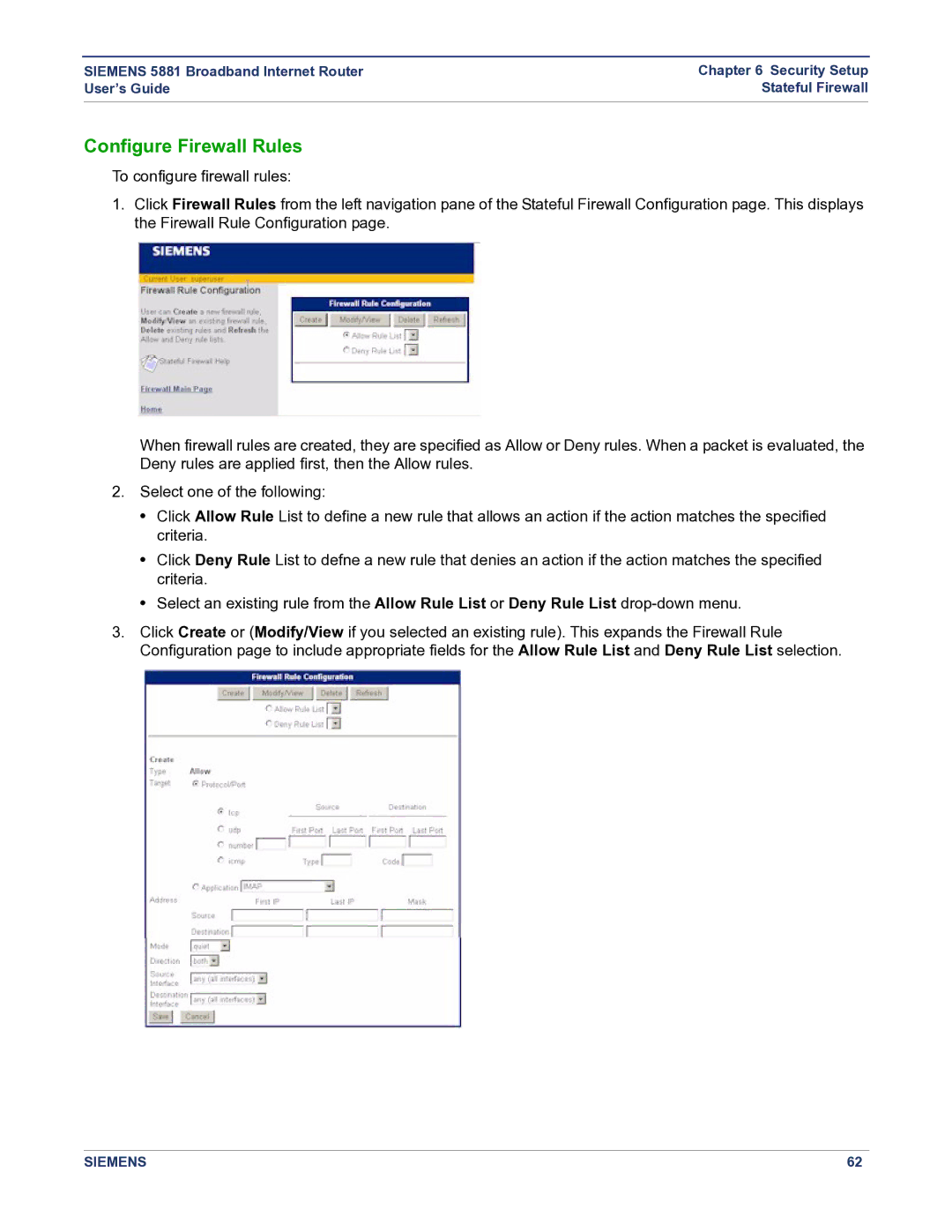 Siemens 5881 manual Configure Firewall Rules 