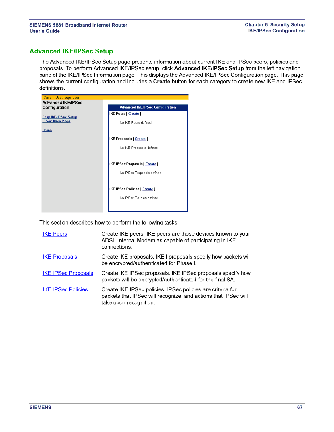 Siemens 5881 manual Advanced IKE/IPSec Setup, IKE Peers 