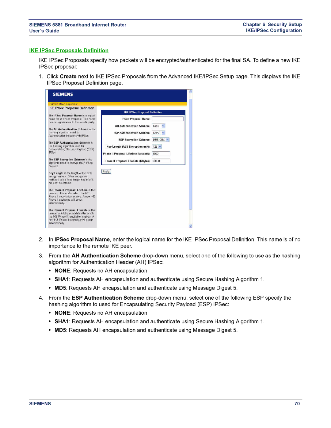 Siemens 5881 manual IKE IPSec Proposals Definition 