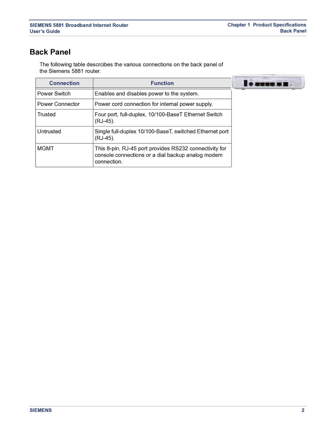 Siemens 5881 manual Back Panel, Connection Function 