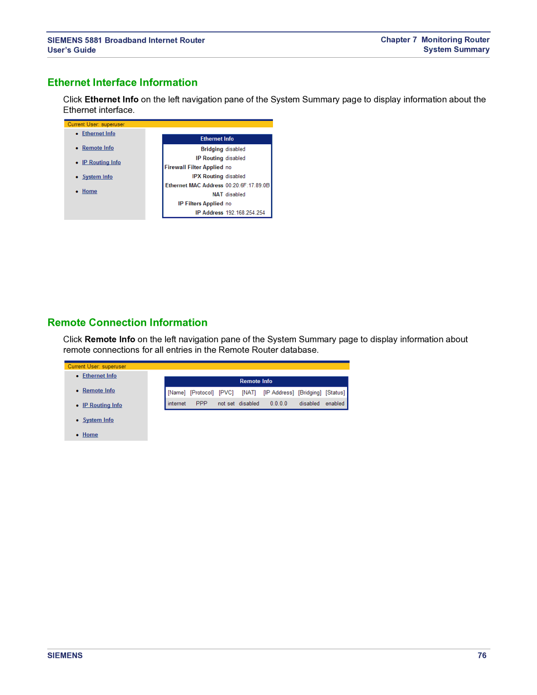 Siemens 5881 manual Ethernet Interface Information, Remote Connection Information 