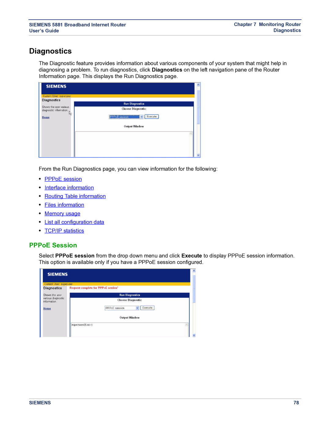 Siemens 5881 manual Diagnostics, PPPoE Session 