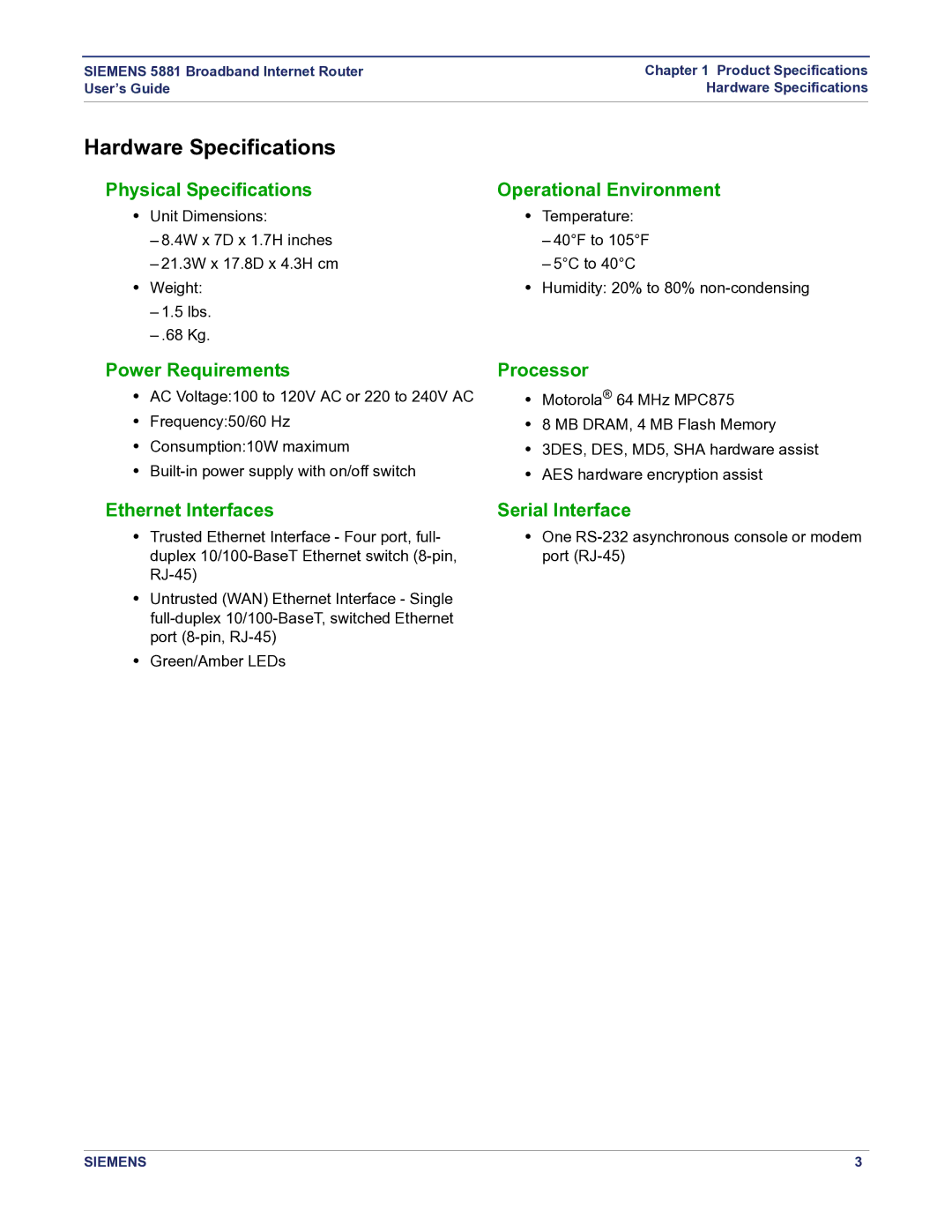 Siemens 5881 manual Hardware Specifications 