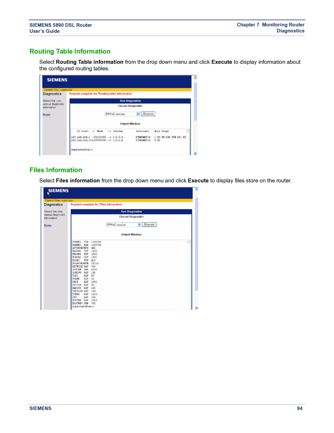 Siemens 5890 manual Routing Table Information, Files Information 