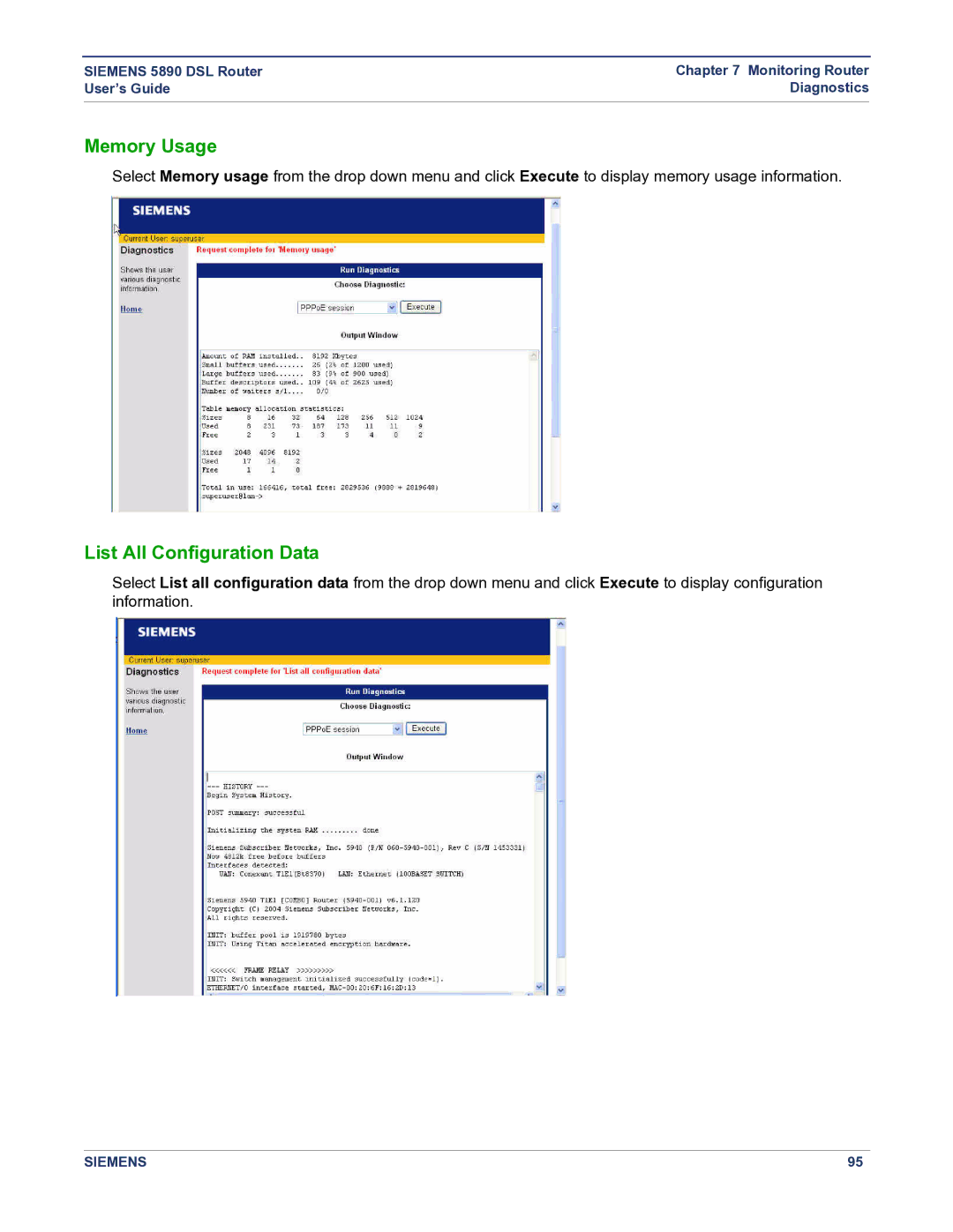 Siemens 5890 manual Memory Usage, List All Configuration Data 