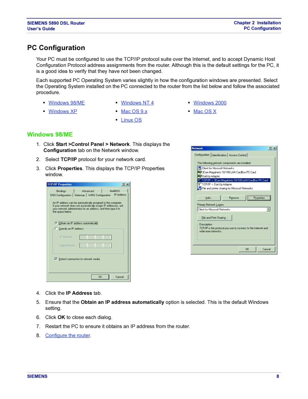 Siemens 5890 manual PC Configuration, Windows 98/ME 