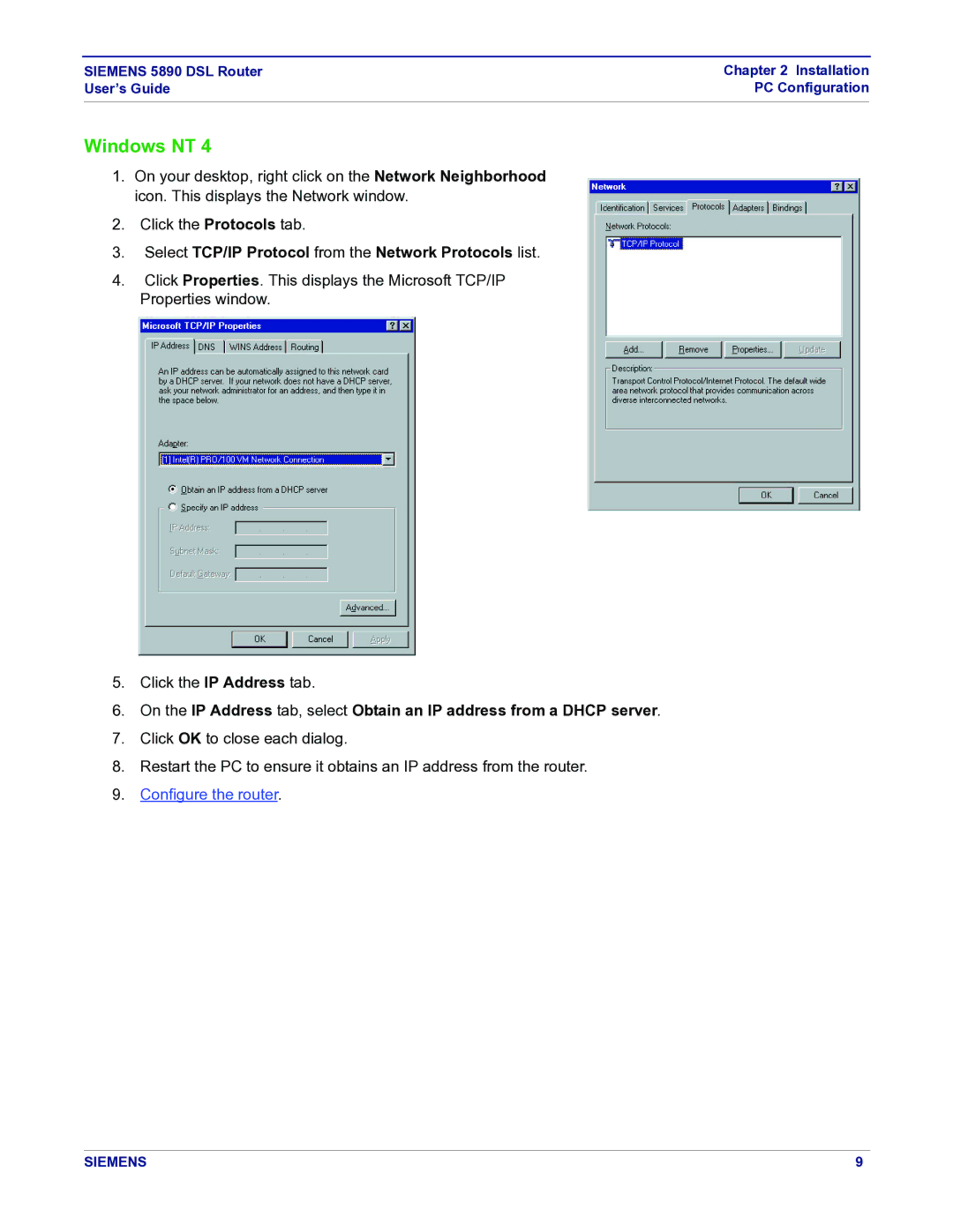 Siemens 5890 manual Windows NT, Select TCP/IP Protocol from the Network Protocols list 