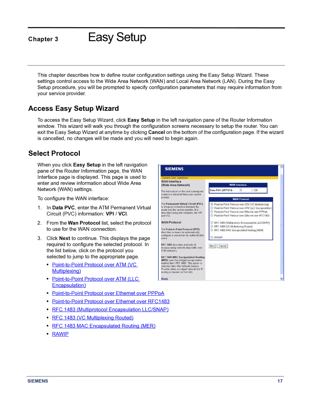 Siemens 5890 manual Access Easy Setup Wizard, Select Protocol 