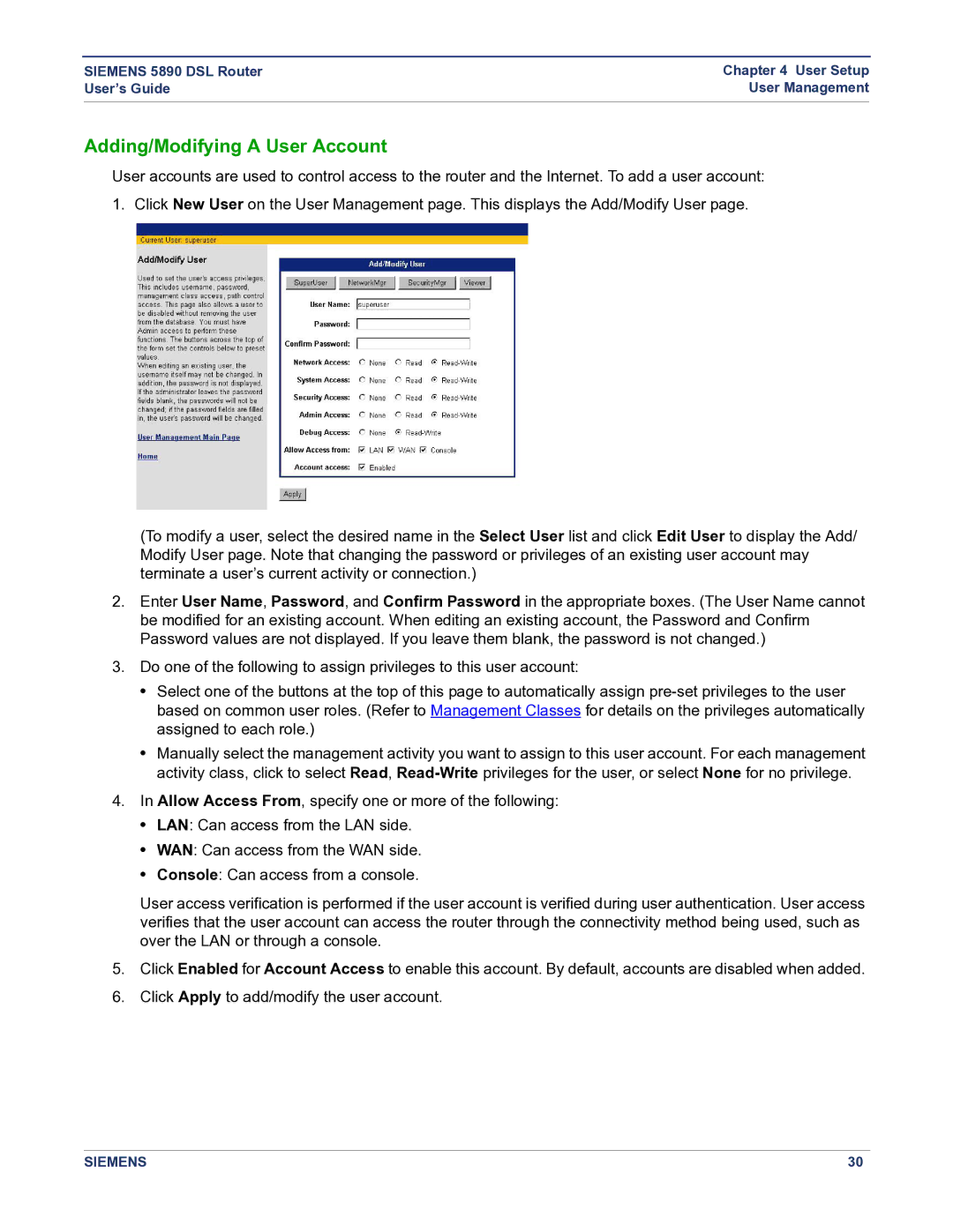 Siemens 5890 manual Adding/Modifying a User Account 