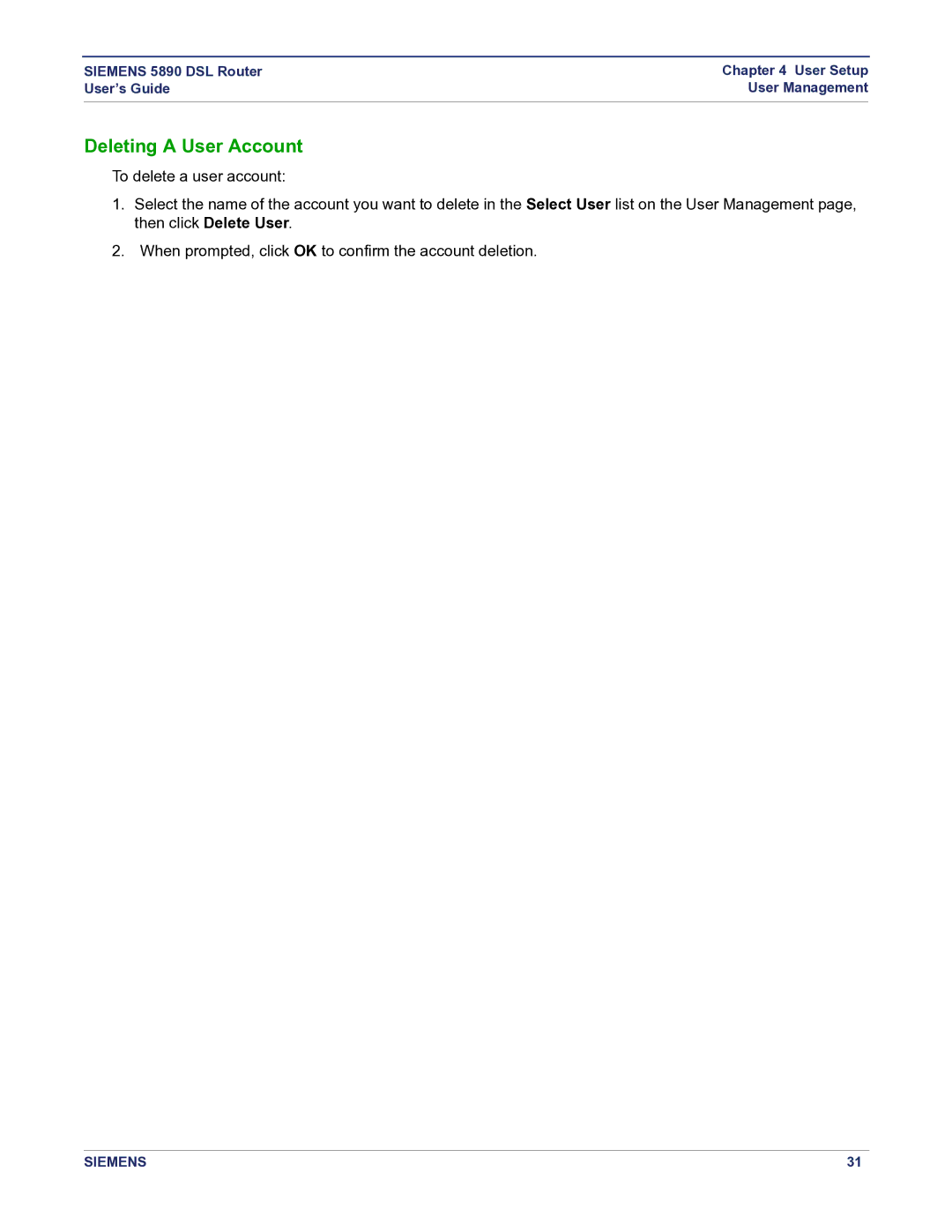 Siemens 5890 manual Deleting a User Account 