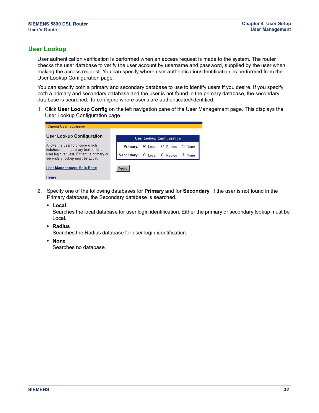 Siemens 5890 manual User Lookup, Local, Radius, None 